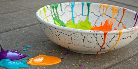 Colorful paint drips from a cracked bowl on a textured surface during a creative art session outdoors