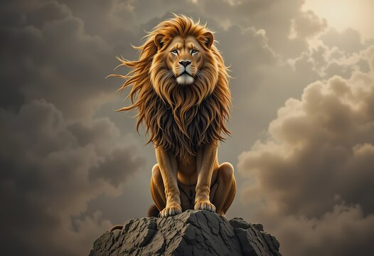 Majestic Lion King Sitting Atop Rocky Peak