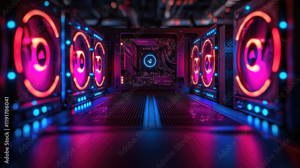 Poster illuminated computer servers row neon lights technology