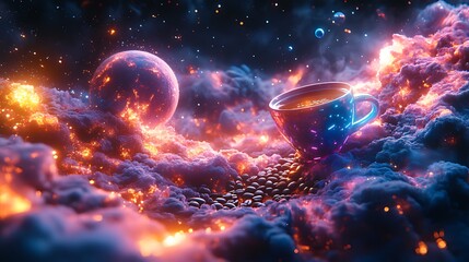 Fototapeta premium Coffee cup cosmic cloudscape, fiery planet, coffee beans, space fantasy, advertisement