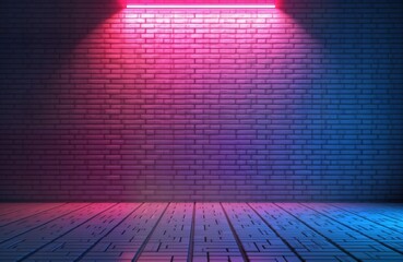 Empty scene with neon brick wall lit by vibrant purple, blue neon lights. Neon rays illuminate empty space. Futuristic, colorful. Suitable for fashion, music events, artistic presentations. Dark,