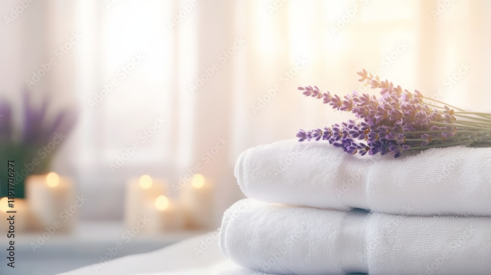 Aufkleber Soft white towels stacked neatly with fragrant lavender creating a serene atmosphere, perfect for a luxurious spa experience with warm candlelight in the background