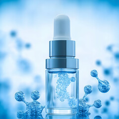Cosmetic Serum Bottle with Dropper Contains Crystal-like Molecules on Blue Abstract Background