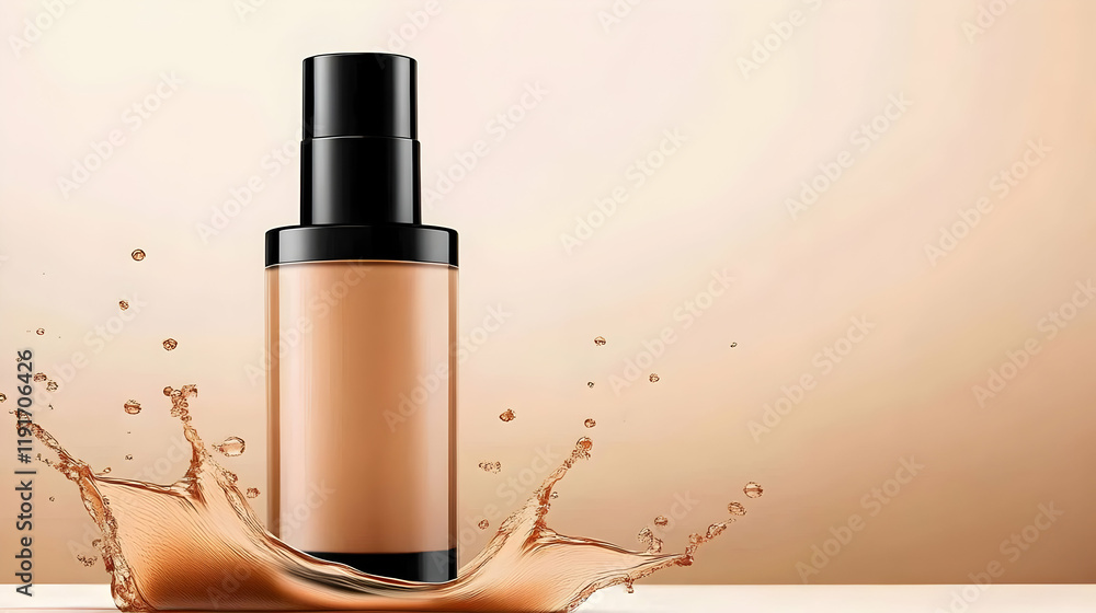Poster cosmetic foundation bottle stands amidst a splash of foundation, showcasing the product's smooth tex