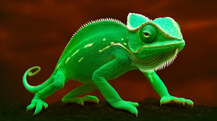 Obraz premium Vivid Green Chameleon Perches Alertly on a Branch with a Dramatic Red Backdrop