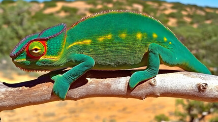 Vivid Chameleon Perches on Branch, Showcasing its Vibrant Colors and Unique Texture in Nature
