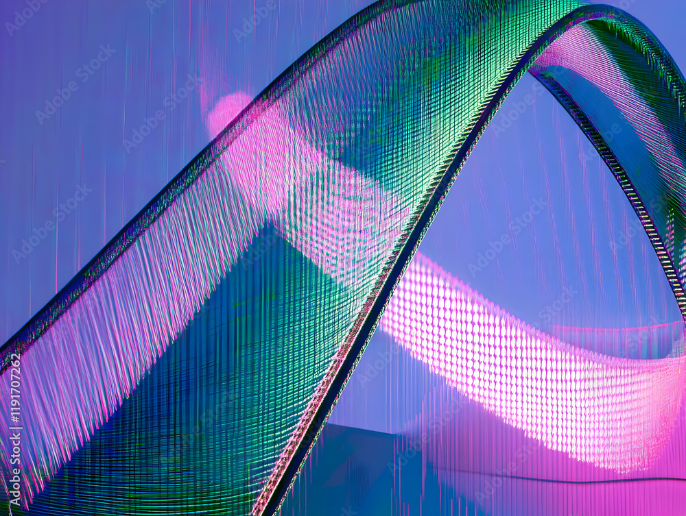 Poster abstract 3d rendered structure creates a dynamic visual with lines and curves on a blue background.