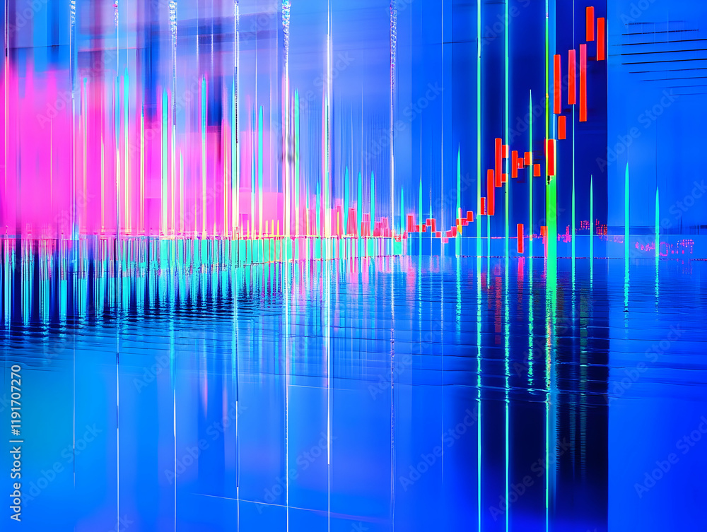 Poster abstract background with colorful vertical lines and glowing chart reflecting on water surface