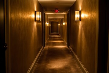Long, dimly lit corridor; warm walls, soft lighting.