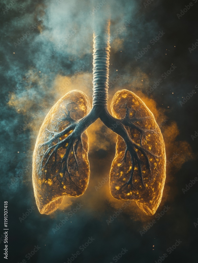Poster Realistic depiction of lungs affected by smog and dust particles in a polluted environment. Generative AI
