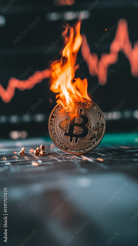Aufkleber gold bitcoin coin burning in flames symbolizing cryptocurrency market crash or volatility against ba