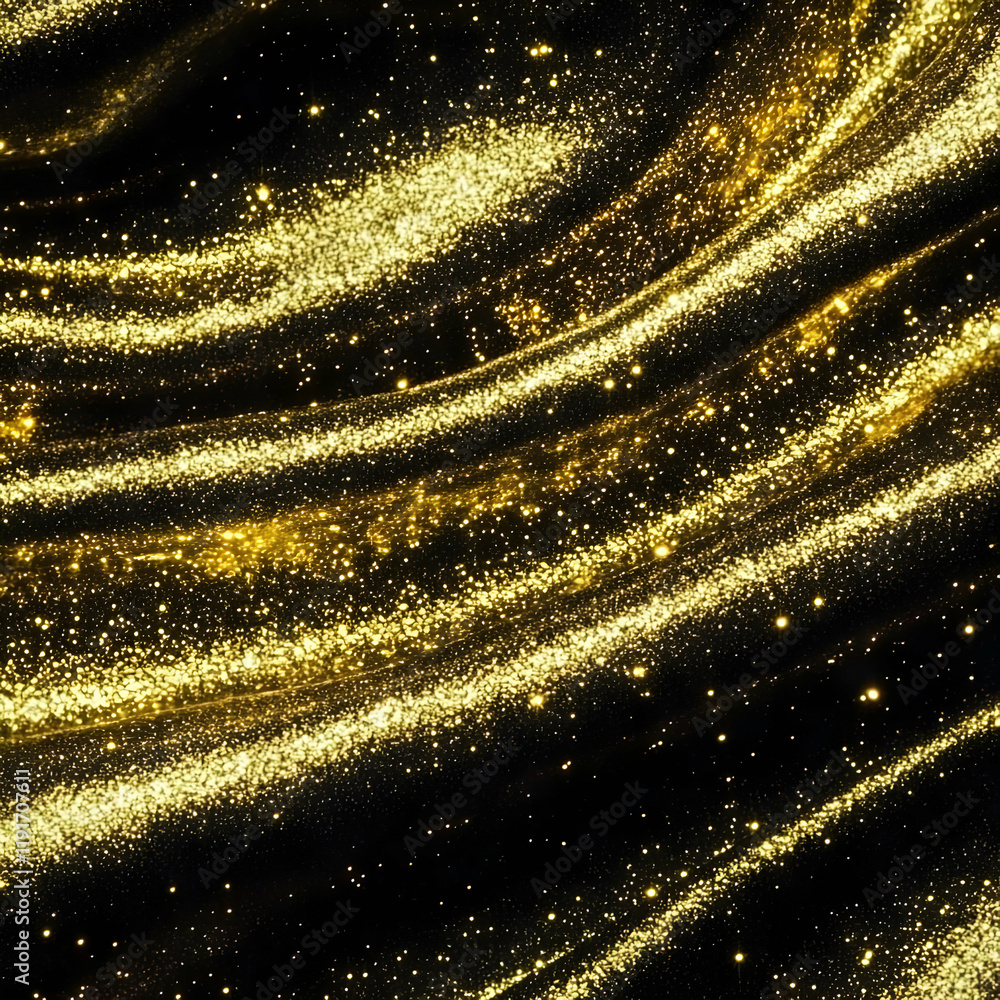 Poster abstract gold glitter waves flow on black background dynamically with elegance and sparkle