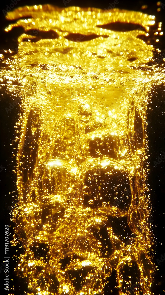 Poster golden liquid flows and bubbles elegantly in abstract motion with sparkling lights.