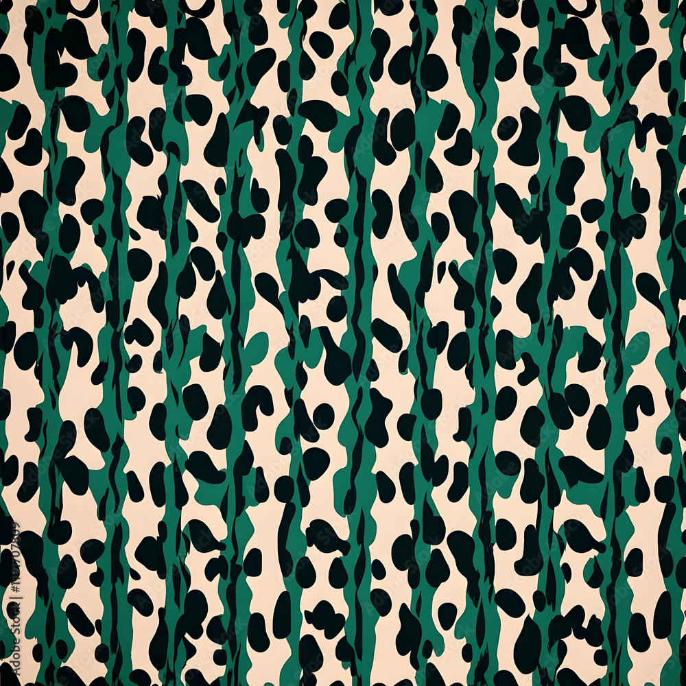 Poster abstract seamless pattern design with green and black irregular shapes on a peach background.
