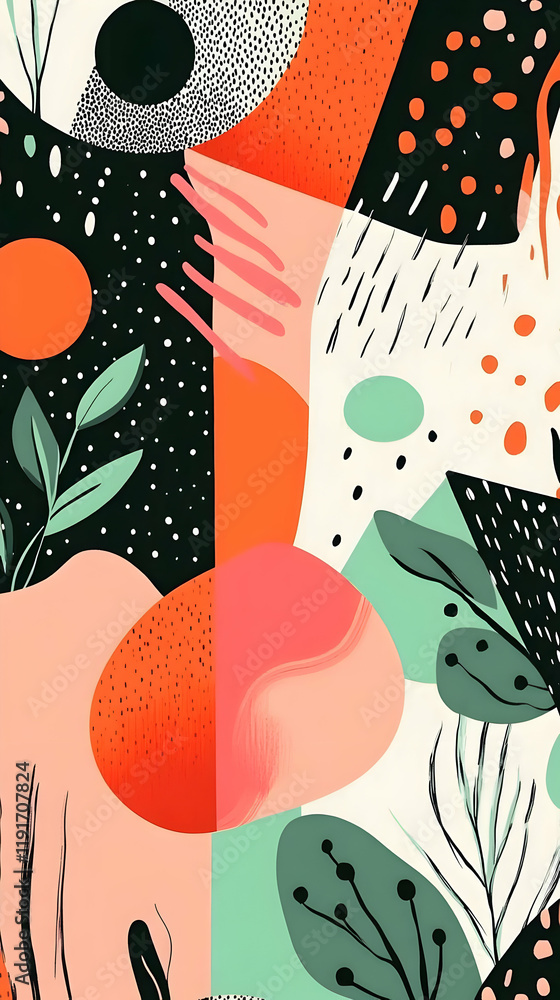Poster abstract background combines organic shapes and bold colors with dots and brushstrokes dynamically.