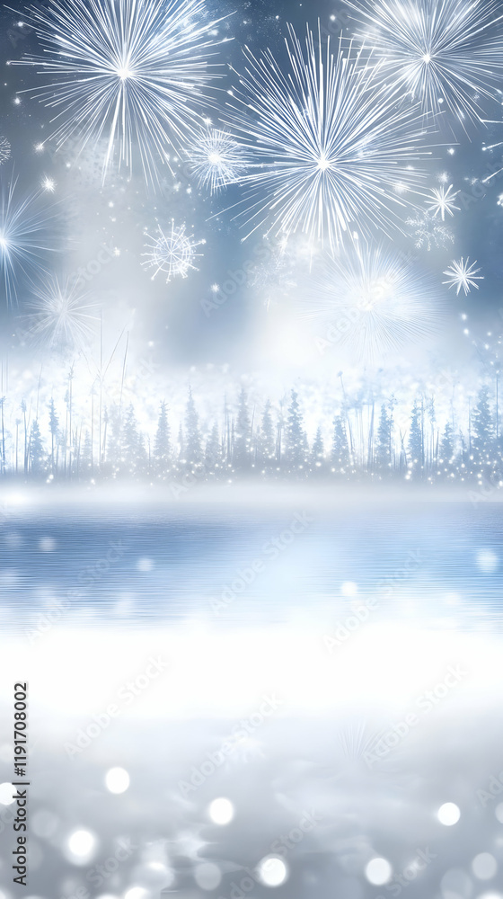 Aufkleber fireworks explode over a wintry landscape with a frozen lake and snowy trees