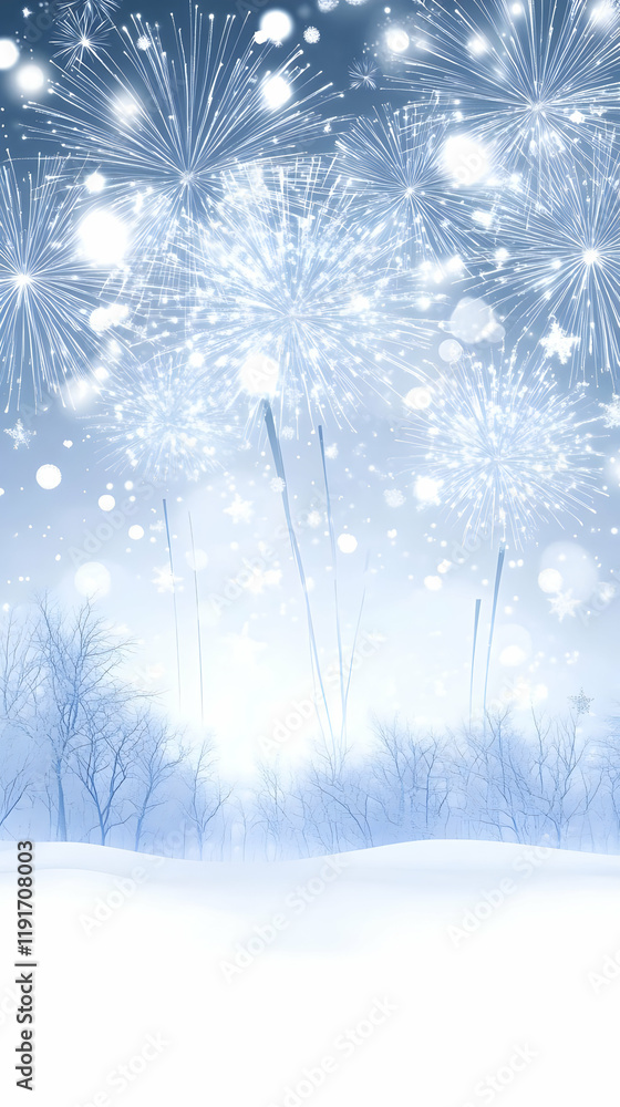 Poster fireworks explode above a snowy landscape, illuminating a winter wonderland with bare trees