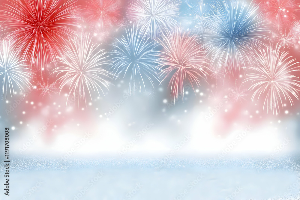 Aufkleber fireworks explode over a snowy landscape creating a festive winter scene with sparkling snowflakes.
