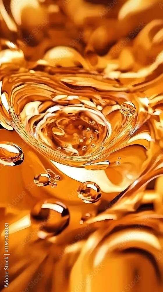 Aufkleber golden liquid swirls and forms bubbles in dynamic motion with reflective highlights.