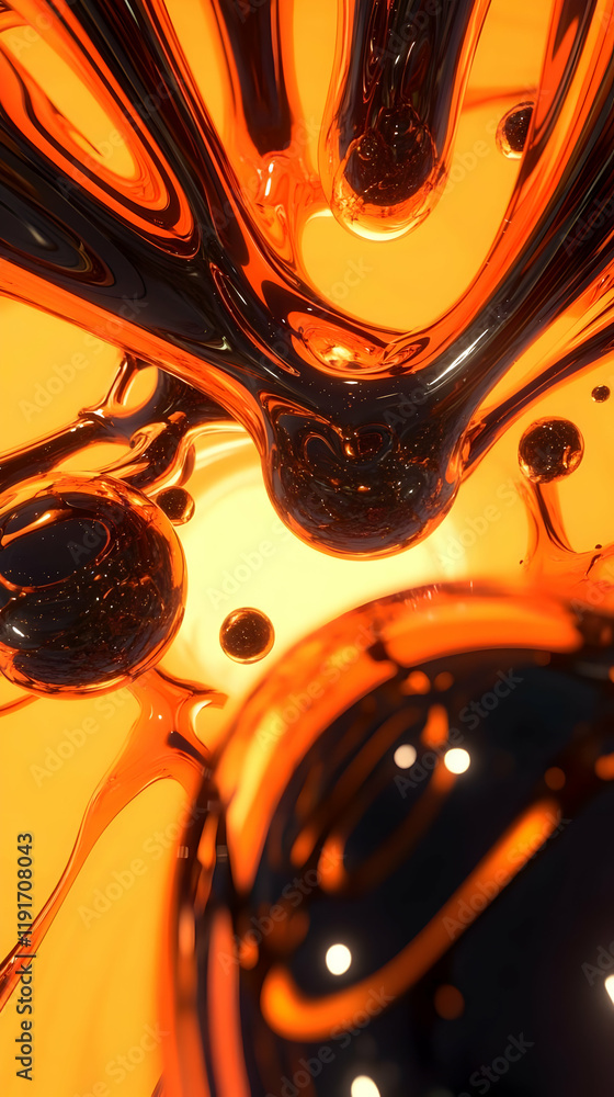 Poster abstract 3d render of shiny orange and black fluid shapes intertwined with glowing orbs.