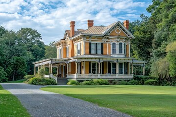 Two-story American-style home with yellow or brown siding, white trim, large front lawn, and porch with balconies in a luxurious rural setting.