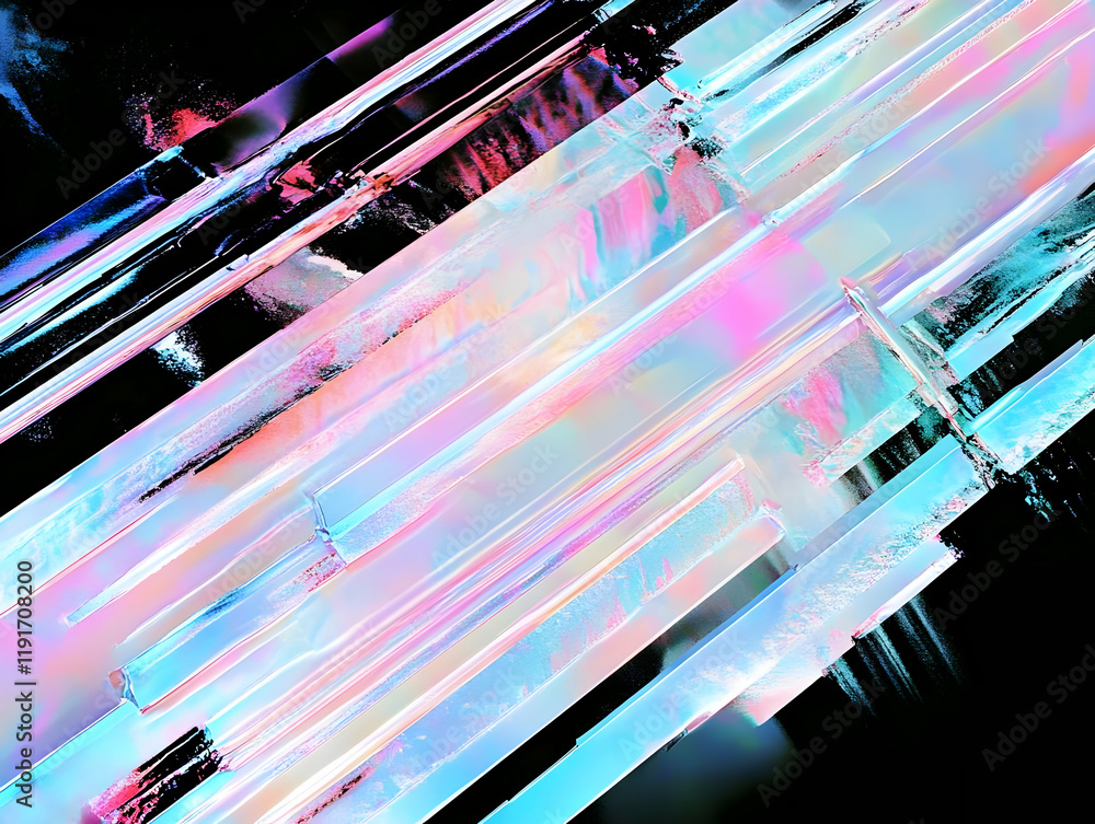 Poster iridescent crystal bars form diagonal pattern on black background