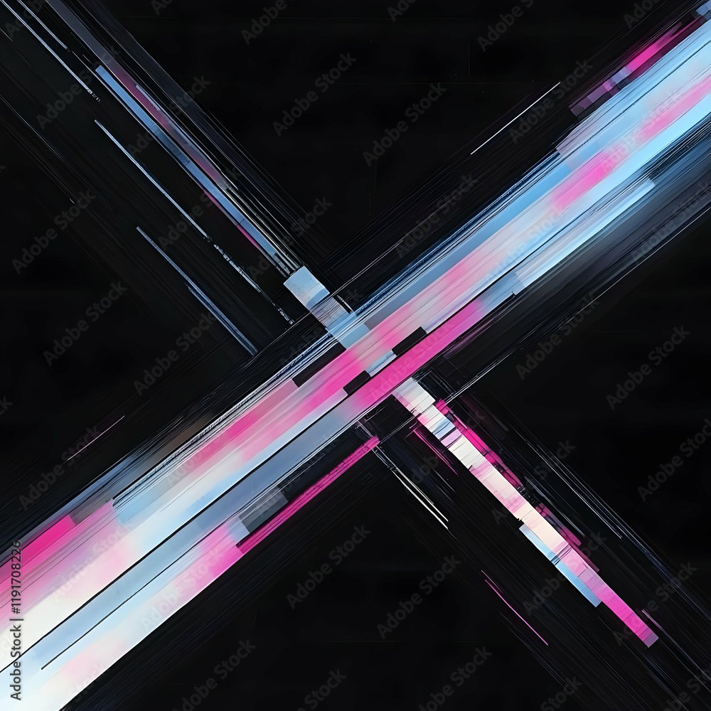 Poster abstract pink and blue light trails cross dynamically on a black background