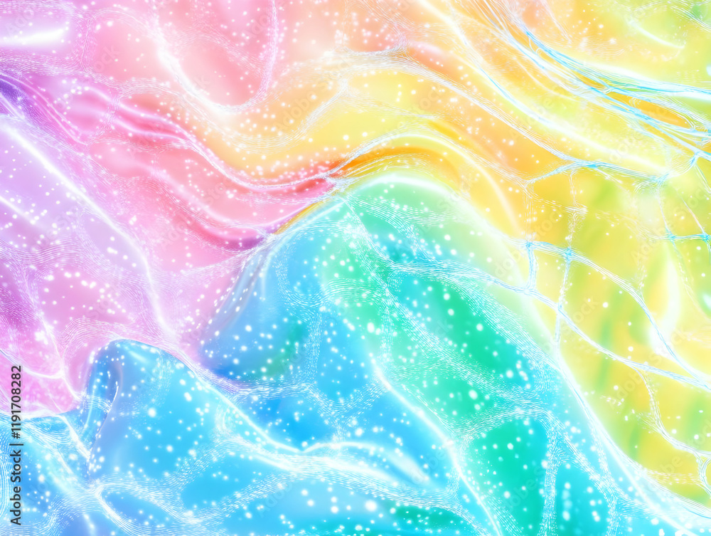 Poster abstract rainbow background flows smoothly with sparkling particles and light streaks