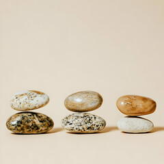 Three Stacks of Smooth Balancing Stones on a Beige Background Create a Serene Minimalist Composition.