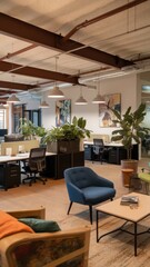 Fototapeta premium Modern office interior featuring a mix of blue and green furnishings, with lush plants and artistic decor, creating a vibrant and inviting workspace.