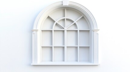 Elegant arched window with white frame and paneled glass on a white wall.