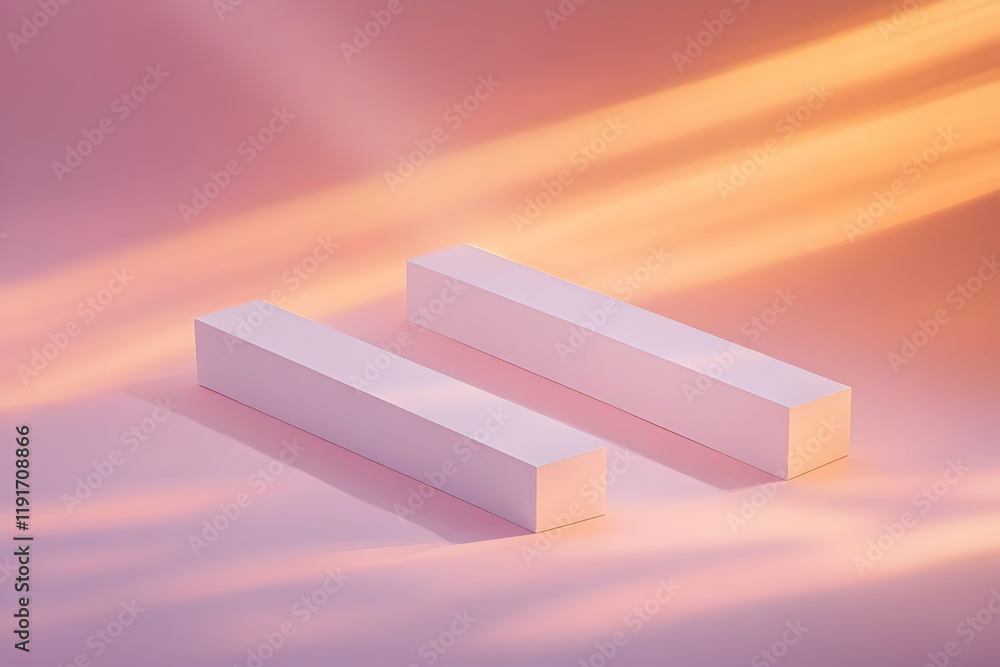 Poster two white rectangular platforms rest on a pink surface illuminated by soft, warm light