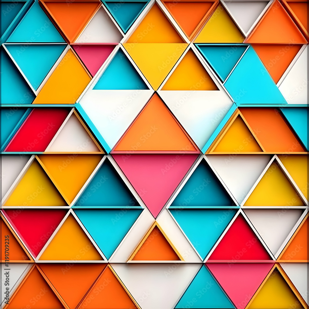 Poster colorful triangles form a vibrant geometric pattern with 3d effects.