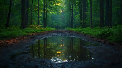 Obraz premium Forest path puddle sunrise reflection nature background