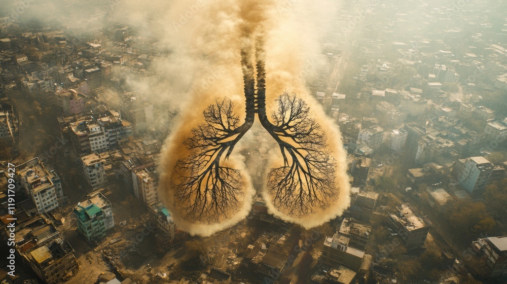 Poster Realistic representation of lungs enveloped in smog and dust particles above a densely populated urban area. Generative AI