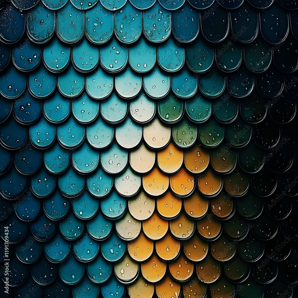 Aufkleber colorful overlapping scaled pattern shows wet surface with water droplets and gradient colors.