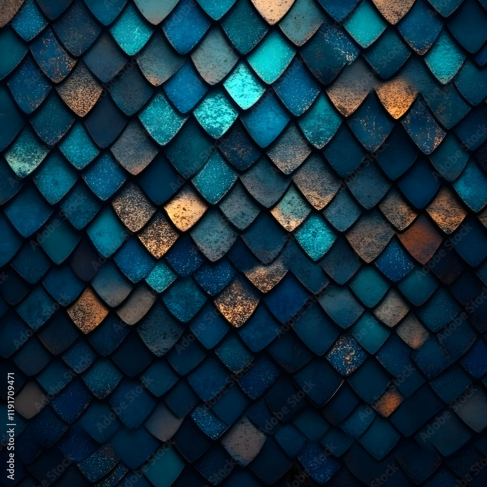 Aufkleber dark blue and gold scale pattern creates a textured background with intricate detail and design.