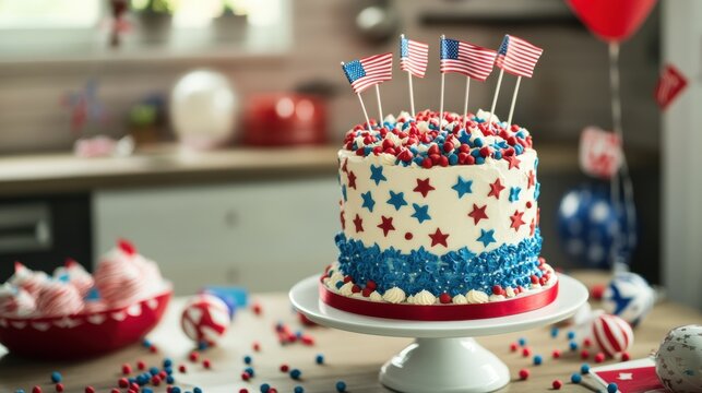 a patriotic-themed cake decorated with red, white, and blue frosting, topped with tiny edible flags, displayed on a table with celebratory decor - Powered by Adobe