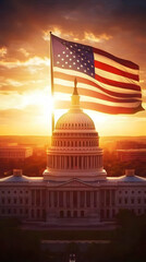 National Flag Flies Majestically Over Capitol Building at Golden Sunset Hour