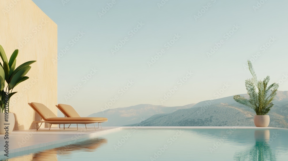 Poster two empty lounge chairs sit beside an infinity pool overlooking a beautiful mountain range at a luxu