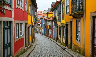 Fototapeta premium Cobblestone street, colorful buildings, old town charm.