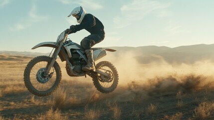 Motocross Rider Leaping Through Desert Landscape