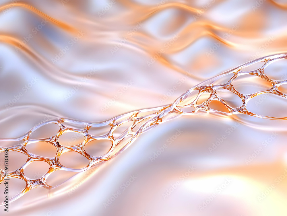 Poster abstract 3d render of golden mesh structure flowing over soft pastel background.