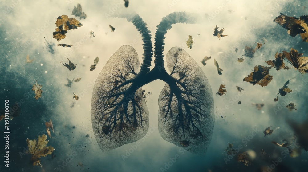 Poster Realistic lungs surrounded by smog and dust particles amidst an environment showing pollution effects. Generative AI