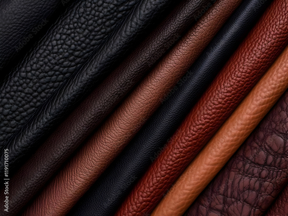 Poster close-up of assorted colorful leather showing texture and grain variations diagonally.