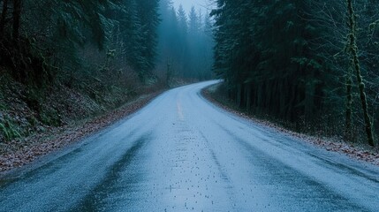 A forest road covered in rain droplets, surrounded by misty trees and soft, diffused light.
