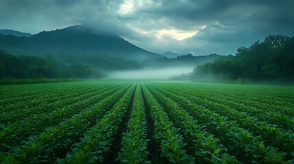 Fototapeta premium Misty dawn farm field, mountain backdrop, agriculture