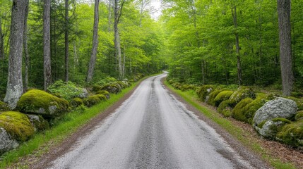 Obraz premium A forest road bordered by moss-covered rocks and dense underbrush.