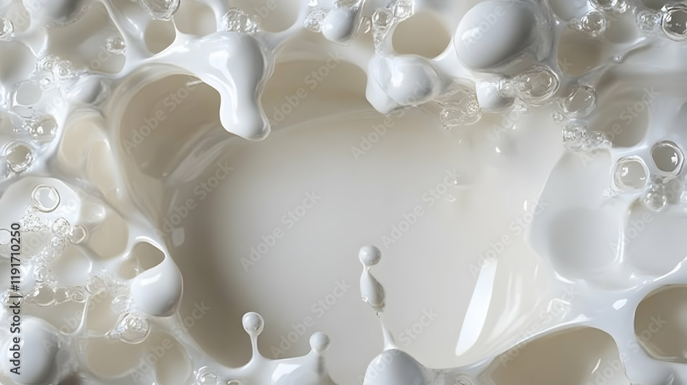 Aufkleber close-up of white liquid splashing and creating bubbles, smooth, glossy texture with white backgroun