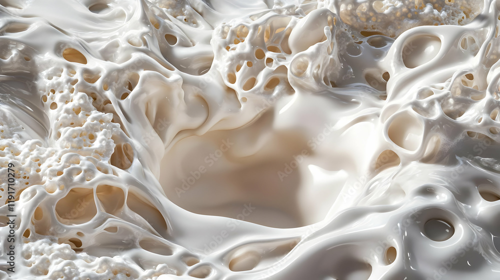 Poster abstract white substance flows and forms intricate shapes with holes and textures
